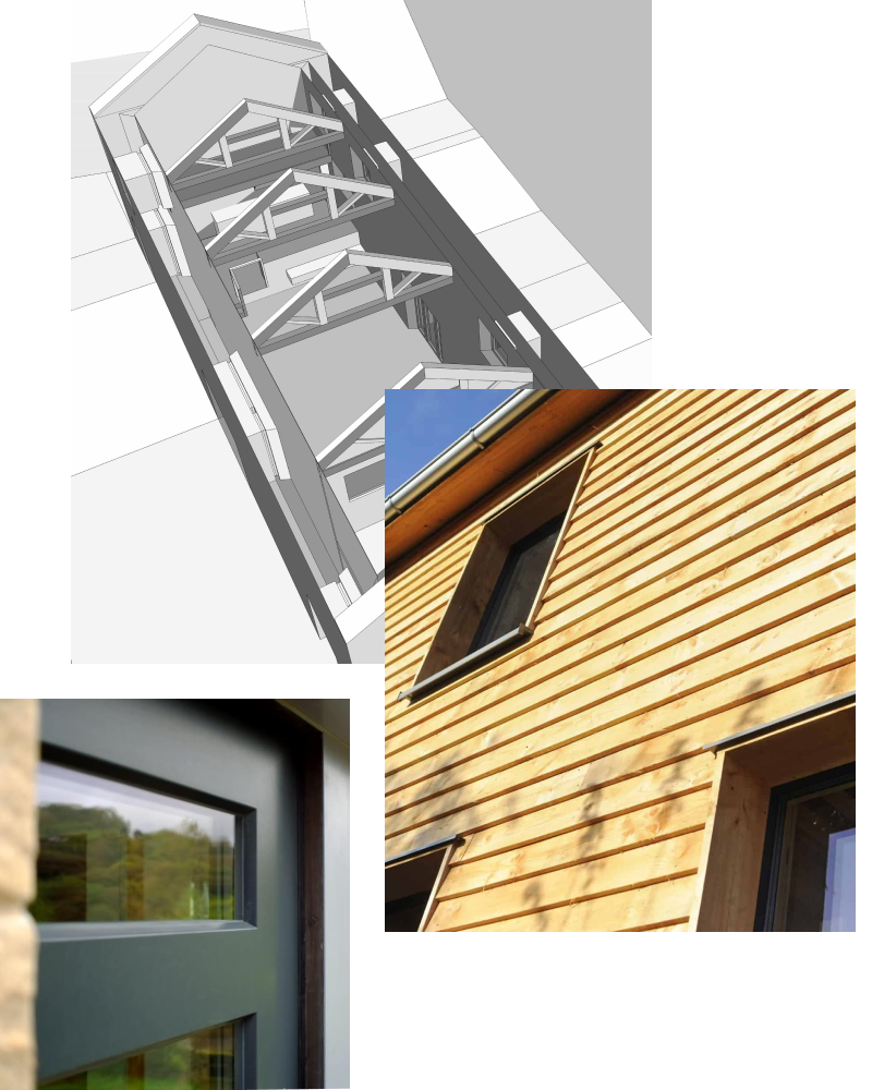 Series of three images, 3d diagram, exterior of a house and a close up of a window